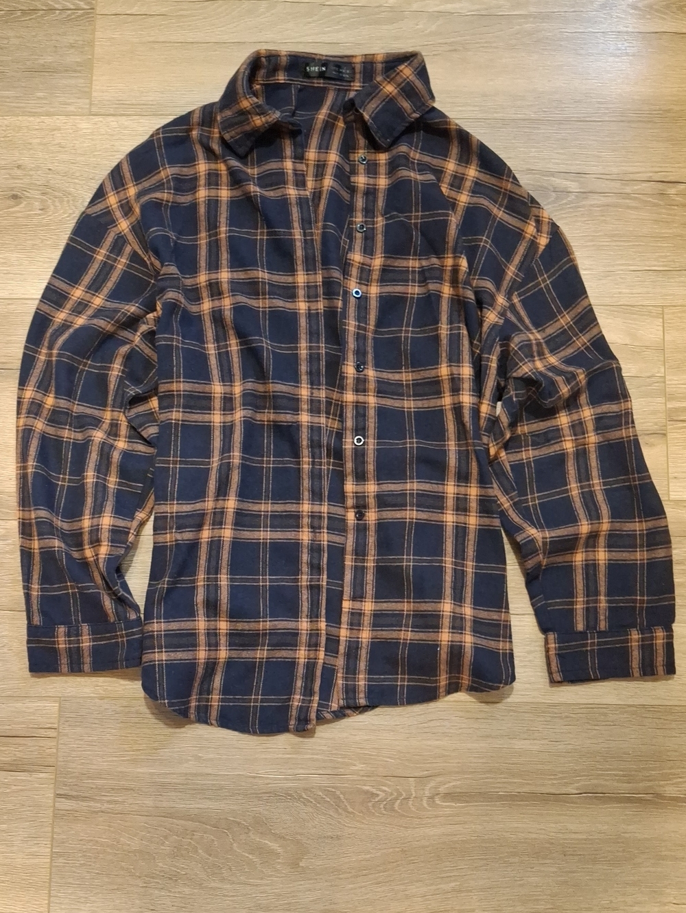 SHEIN Navy and Orange Plaid Button-Down Shirt